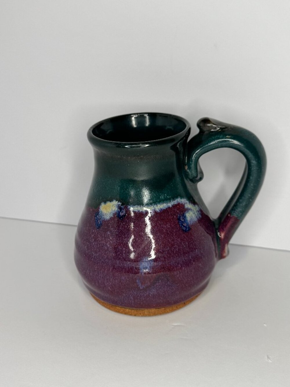 Handmade Studio Pottery Mug Signed Green Purple Drip Glaze